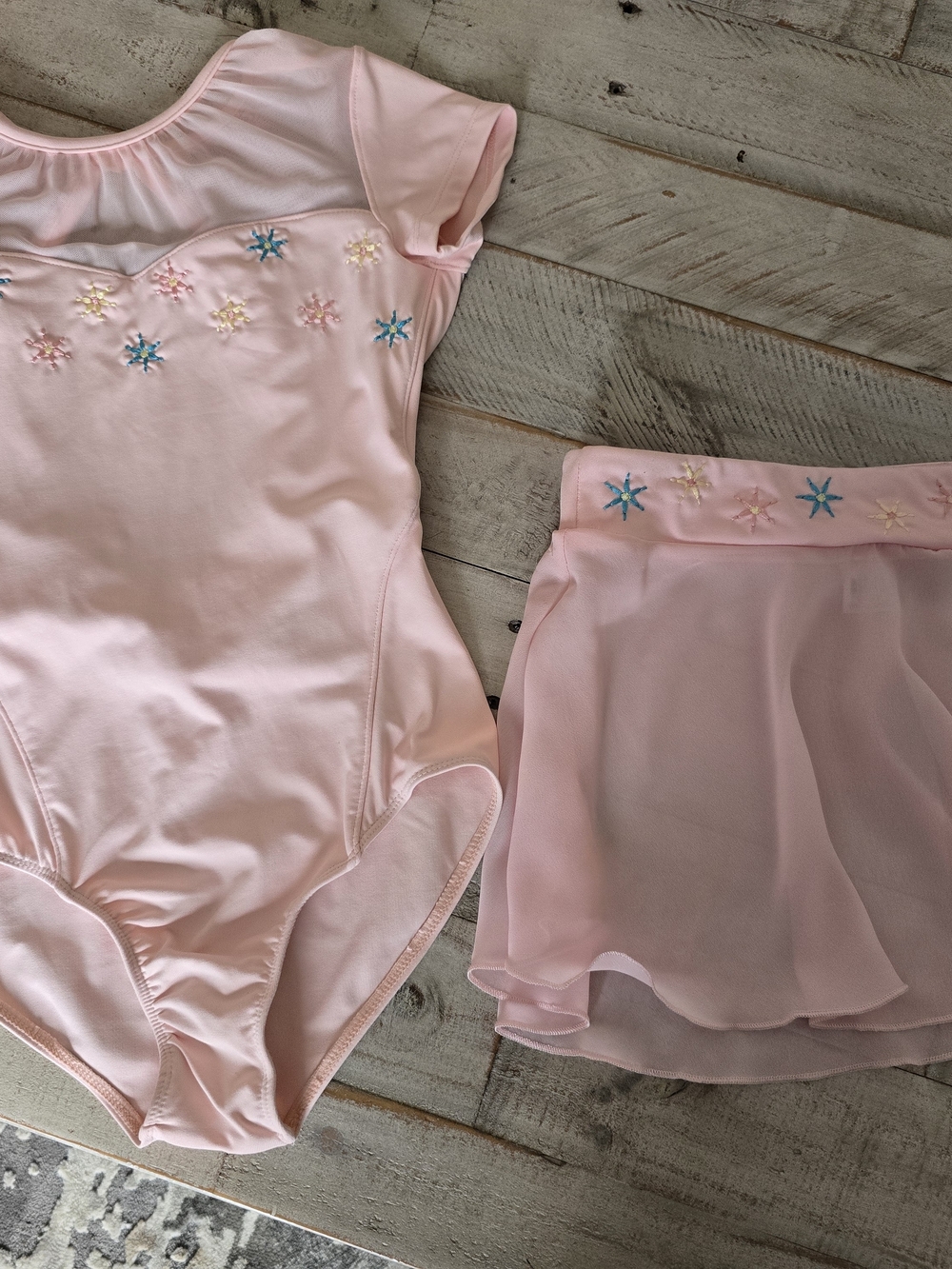 Bloch Pink Embroidered Short Sleeve Leotard with Chiffon Wrap Skirt